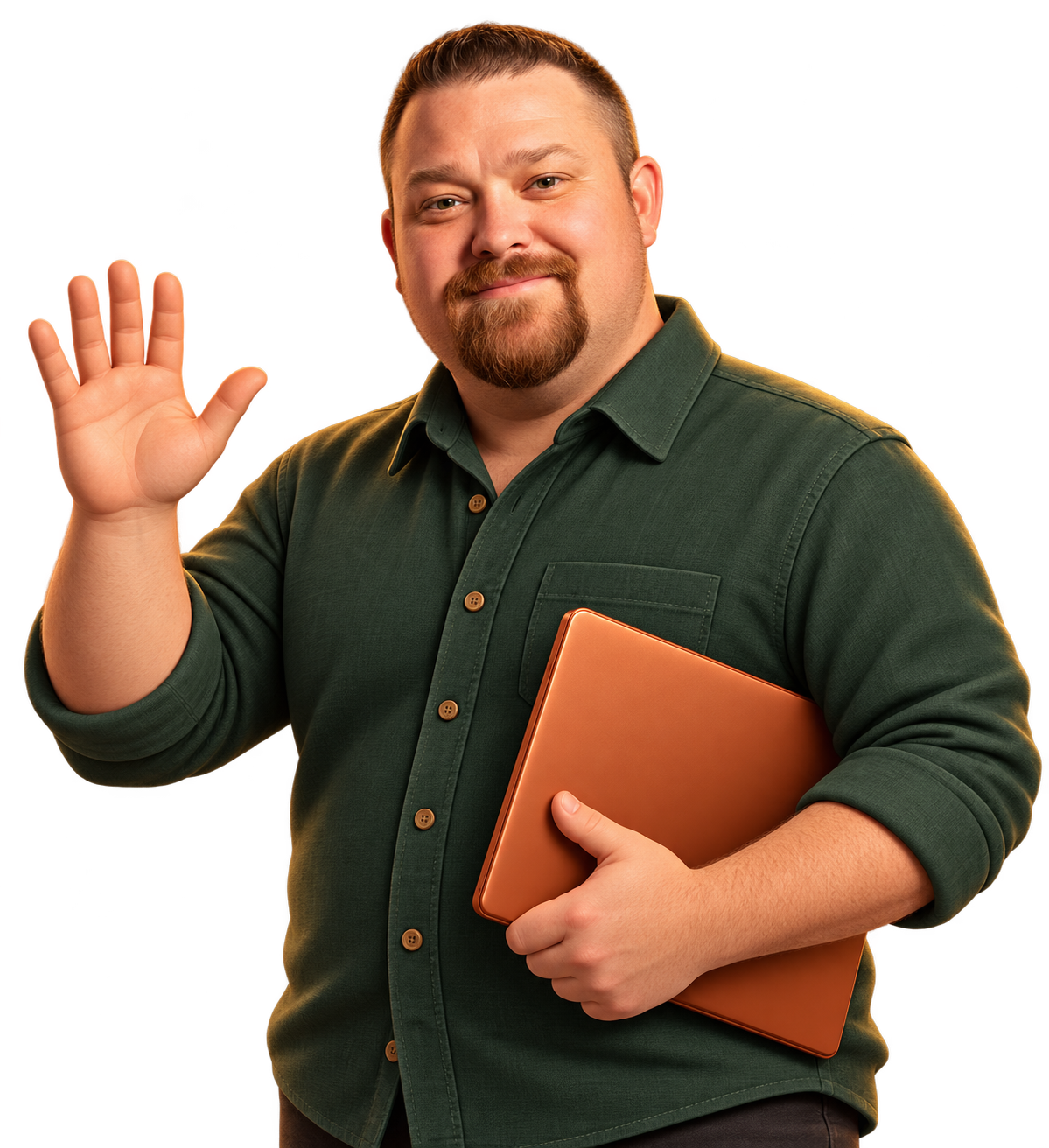 Animated illustration of Cory Short smiling, waving, and holding a laptop